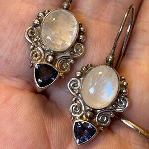 Sajen Sterling Silver Earrings with Rainbow Moonstone Cabochon & Iolite